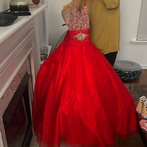 Red Halter Neck Gown with Sequin Bodice